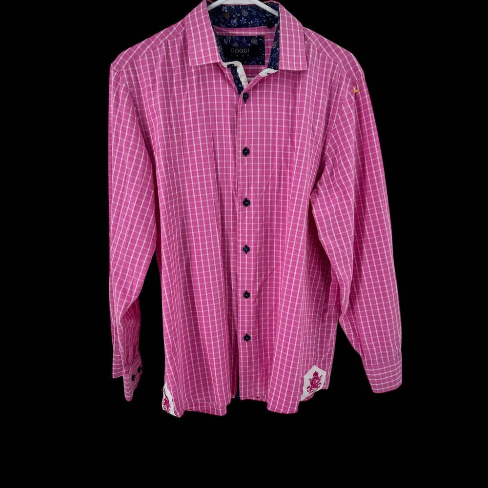 Coogi Luxe Mens Pink White Grid Button Down Shirt Floral Trim Large 16.5 17 - Picture 2 of 10